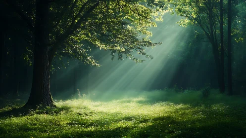 Serene sunlit forest clearing with lush greenery and tranquil mood.