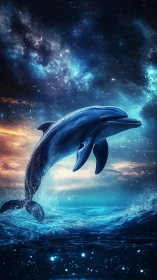 Dolphin leaping above glowing ocean under starry sky.