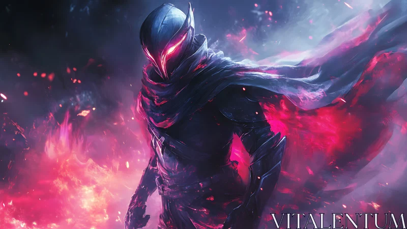Armored void wraith in magenta plasma storm, dynamic cloak