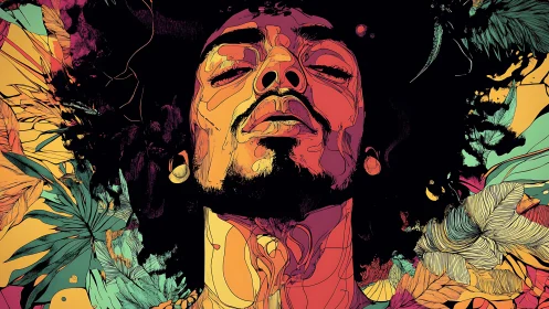 Chromatic daydream portrait wrapped in neon jungle calm.