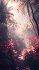 Tropical foliage lines a narrow path under diffused light
