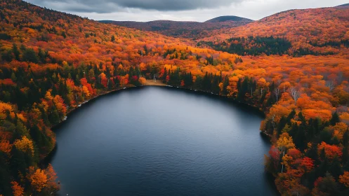 Curved forest lake embraced by vivid autumn mountainscape.