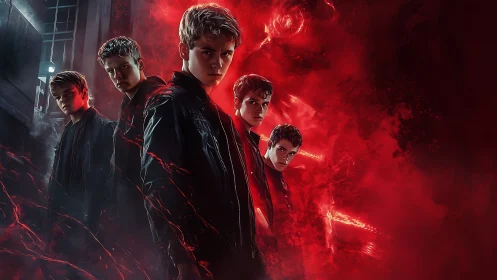 Photorealistic teen ensemble in red kinetic energy field poster.