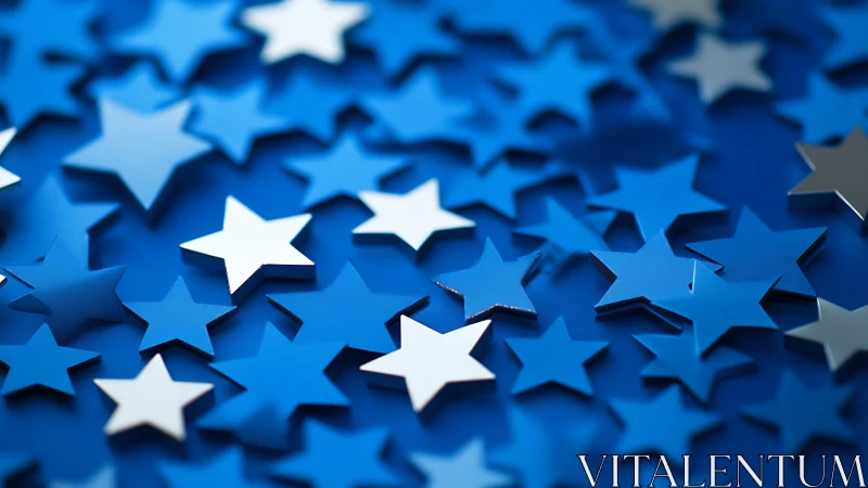Metallic blue star confetti scatters across vibrant surface.
