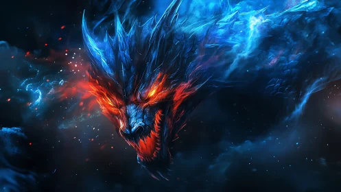 Bioluminescent dragon roars through swirling cosmic storm