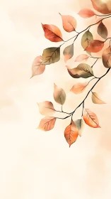 Delicate autumn branch with soft pastel leaves on beige