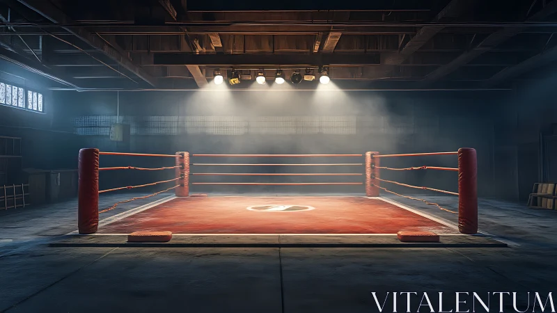 Professional boxing ring rendered with dramatic overhead lighting