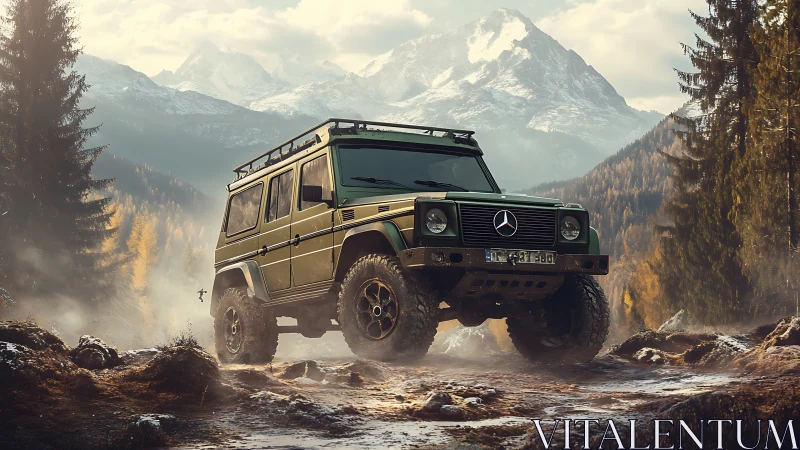 Mountain-tough Mercedes SUV prowls misty alpine dirt road.