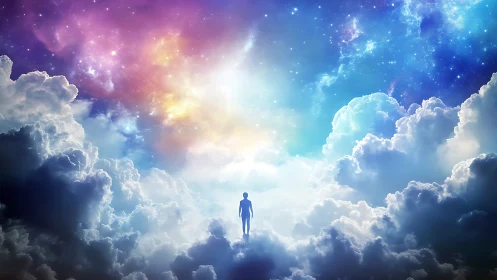 Solitary figure walks through luminous clouds into cosmic light