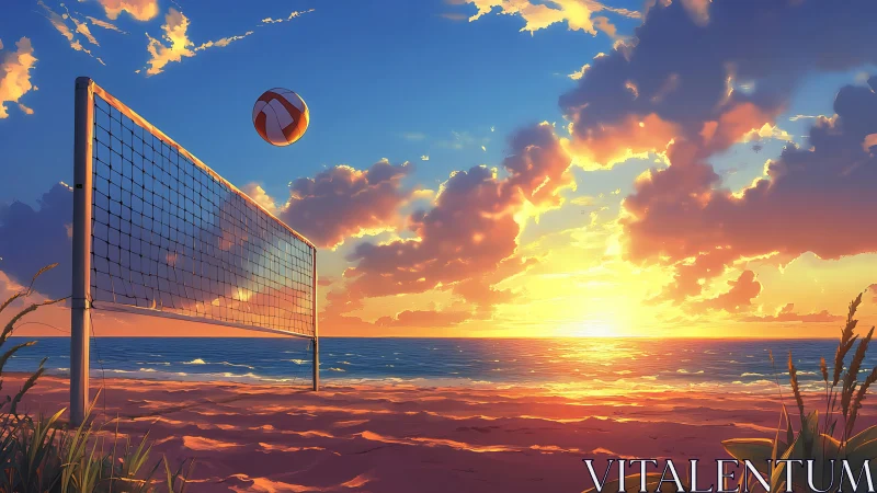 Sunset volleyball dream over blaze-tinted ocean horizon.
