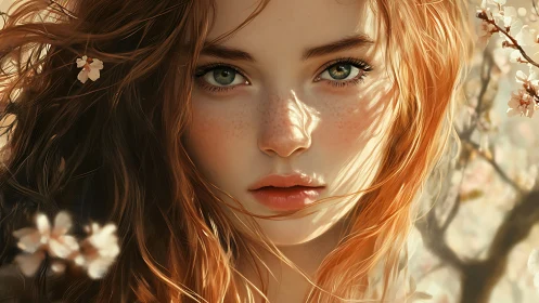 Digital portrait of red-haired woman among blossoms.