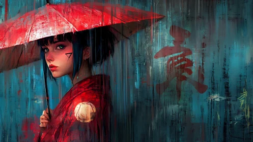 Cyberpunk geisha portrait under red umbrella in neon rain