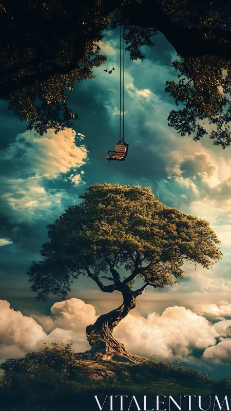 Dreamlike skyward tree and swing invite quiet reflection.