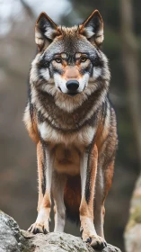Wolf on rocky outcrop holds direct gaze in shallow focus portrait