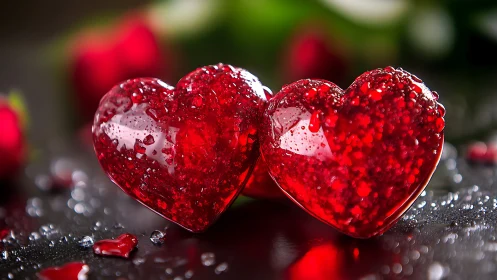 Crimson heart-shaped gelatin orbs with translucent crystalline texture and water droplets.