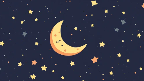 Smiling crescent moon with stylized stars in flat night sky