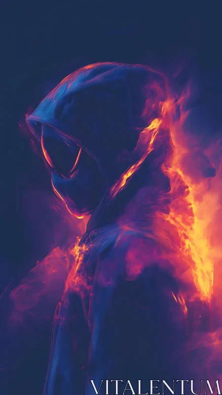Hooded neon figure rendered in volumetric firelight gradients