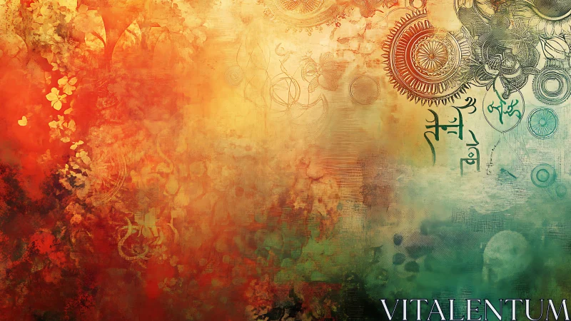 Mandala mechanics drift through a molten sunset fog of color