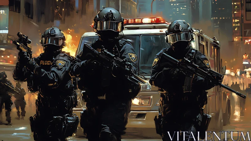 Urban tactical police squad advances amid burning city streets.