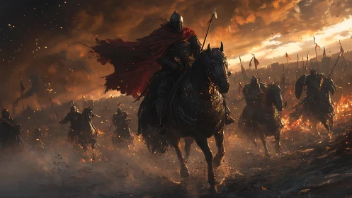 Armored cavalry charge advances through burning battlefield at dusk
