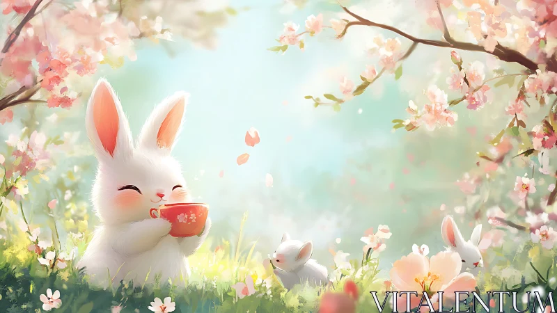 White bunny tea ritual under luminous cherry blossoms.