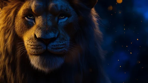 Lion&rsquo;s quiet gaze in firelit blue twilight magic.