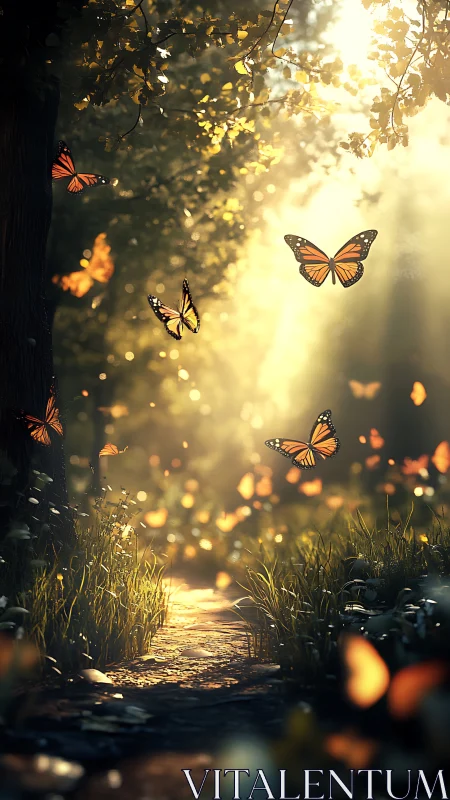 Sunlit forest path where monarch daydreams take flight.