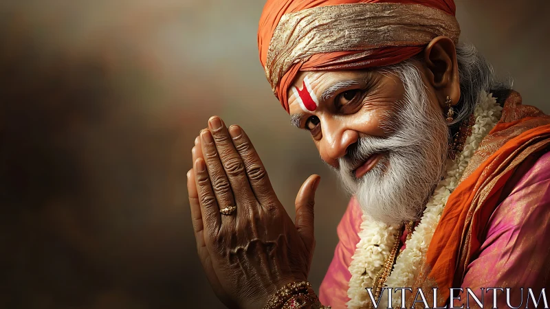 Elderly Hindu guru smiles in warm prayerful portrait