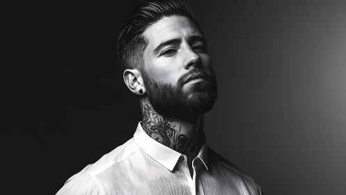 Moody monochrome portrait of tattooed, bearded man posing.