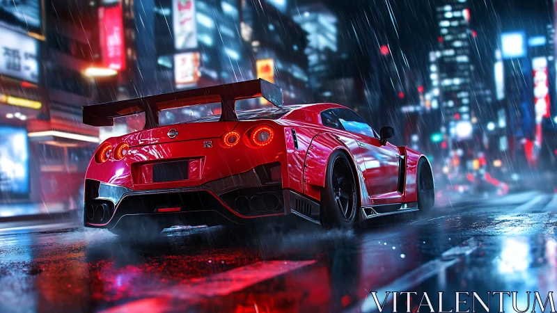 Wide-angle night render shows red GT sports car in rain-soaked neon city