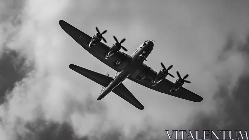 Vintage four engine propeller aircraft in cloudy sky.
