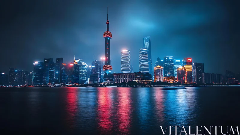 Neon city skyline glowing softly over calm night waters.