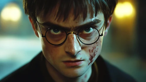 Determined young wizard stares ahead with battle-worn face.