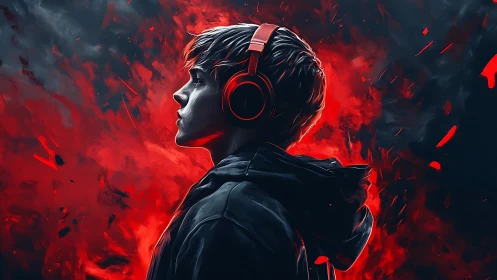 Gamer profile in red headphones amid blazing abstract flames.