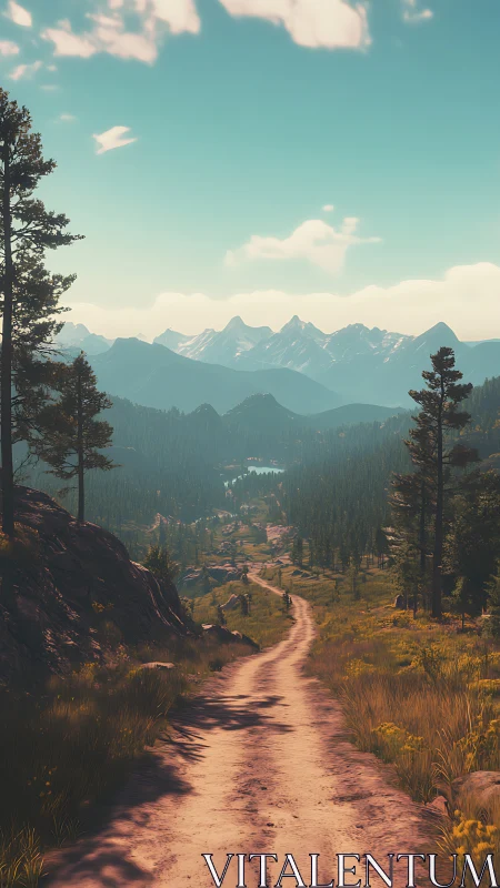 Sunlit dirt road recedes toward atmospheric alpine mountain range
