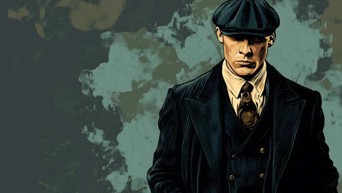 Gritty suited gangster in flat cap against distressed wall.