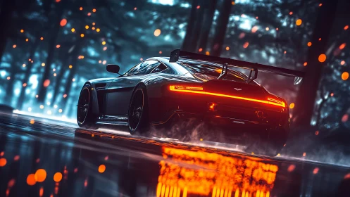 Track-prepped supercar rear view on wet forest road at night