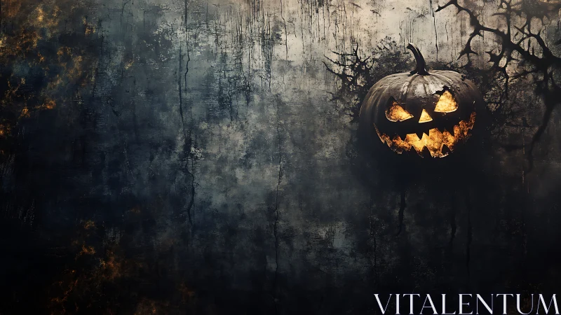 Gleaming jack o lantern grins against a moody haunted wall