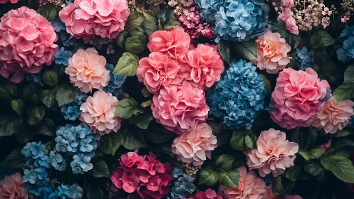 Dense Flowering Garden with Pink and Blue Blooms