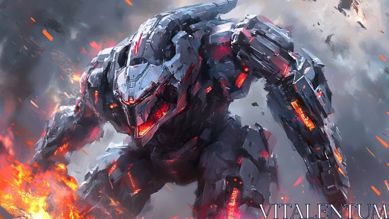 Molten-core quadruped combat mech in urban inferno assault