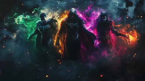 Elemental cloaked heroes stride through burning neon storm.