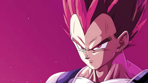 Intense pink-lit warrior portrait with cosmic backdrop.