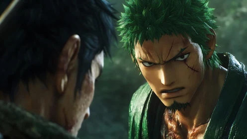 High-detail 3D close-up of intense green-haired swordsman stare.
