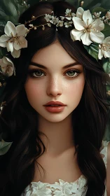 Woodland flower maiden gazes softly in ethereal portrait.