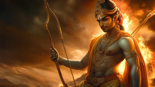 Divine warrior archer amid blazing golden battlefield flames.