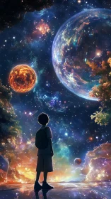 Boy gazes cosmic sky beneath glowing planets and nebulae.