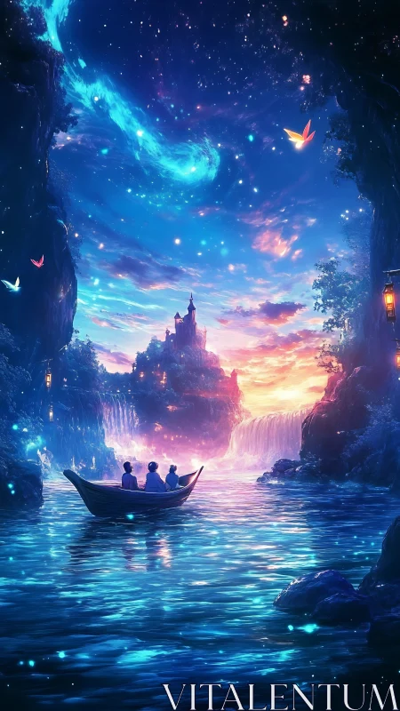 Boat drifts toward luminous waterfall castle at dusk.