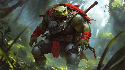 Armored mutant turtle warrior advancing through jungle.
