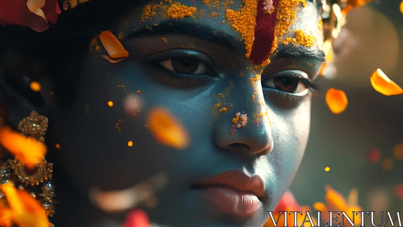 Divine blue visage amid drifting marigold petals and quiet fire.