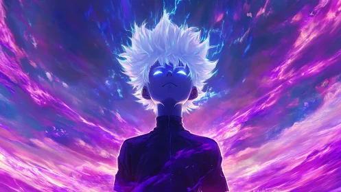 Silhouetted white haired figure before luminous sky field.